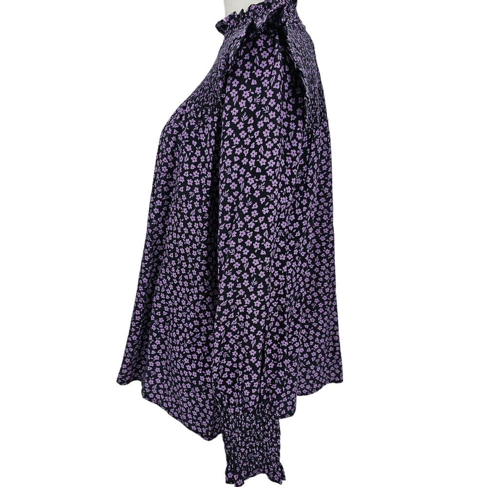Barbour Black and Lavender Floral Smocked-Ruffle Blouse - Picture 3 of 9